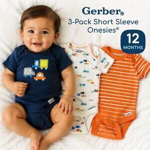 Gerber Baby Boy Onesies 3-Pack Vehicles Cars 12M NWT Cotton
